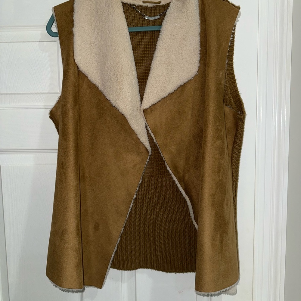 Brown and Cream Women's Sleeveless Jacket